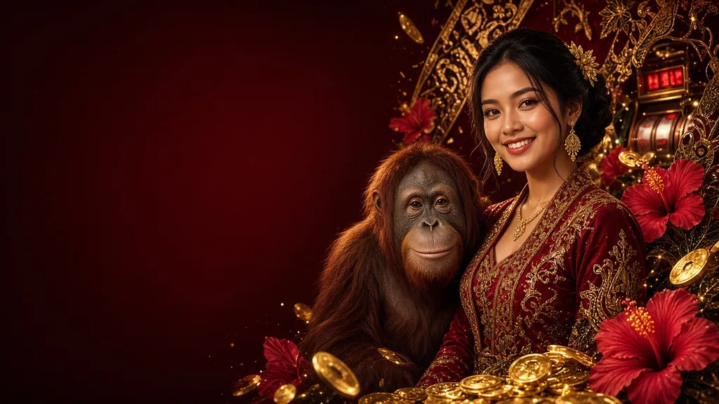 Banner Server Indonesia: model Indonesia bersama orangutan, motif batik dan bunga sepatu