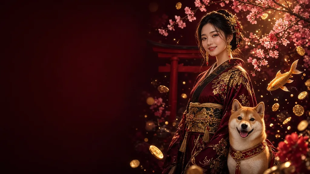 Banner Server Jepang: model Jepang bersama anjing Shiba Inu, bunga sakura dan koin emas
