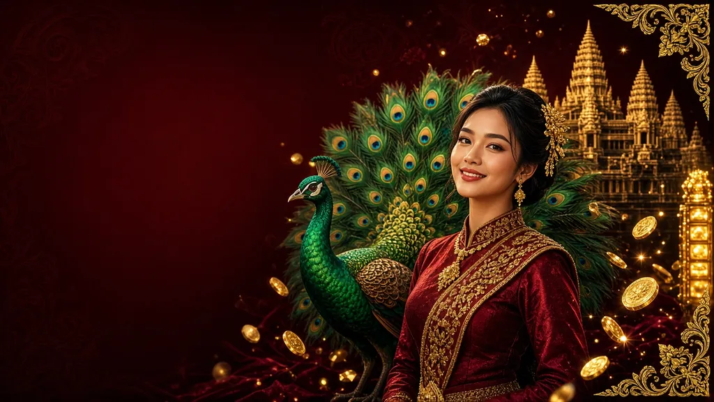 Banner Server Kamboja: model Kamboja bersama merak hijau dan siluet Angkor Wat