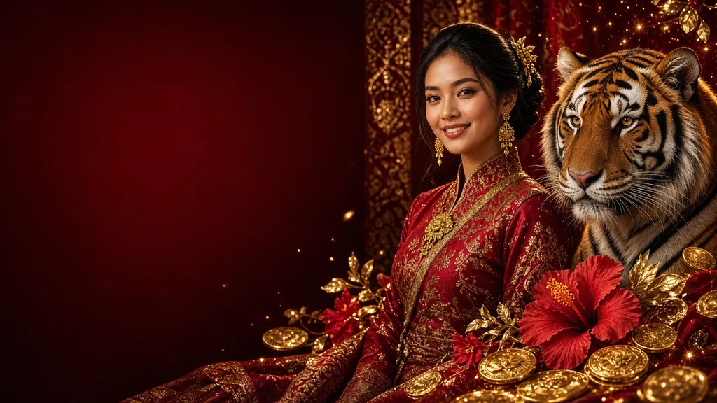 Banner Server Malaysia: model Malaysia bersama harimau Malaya dan bunga raya